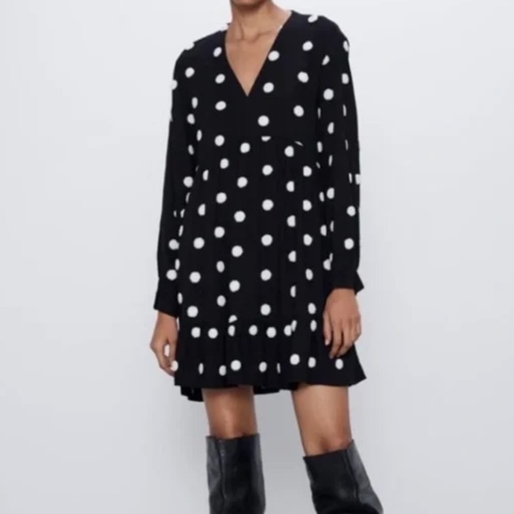 Zara Dresses Zara Black White Polka Dot Long Sleeve Pom Pom